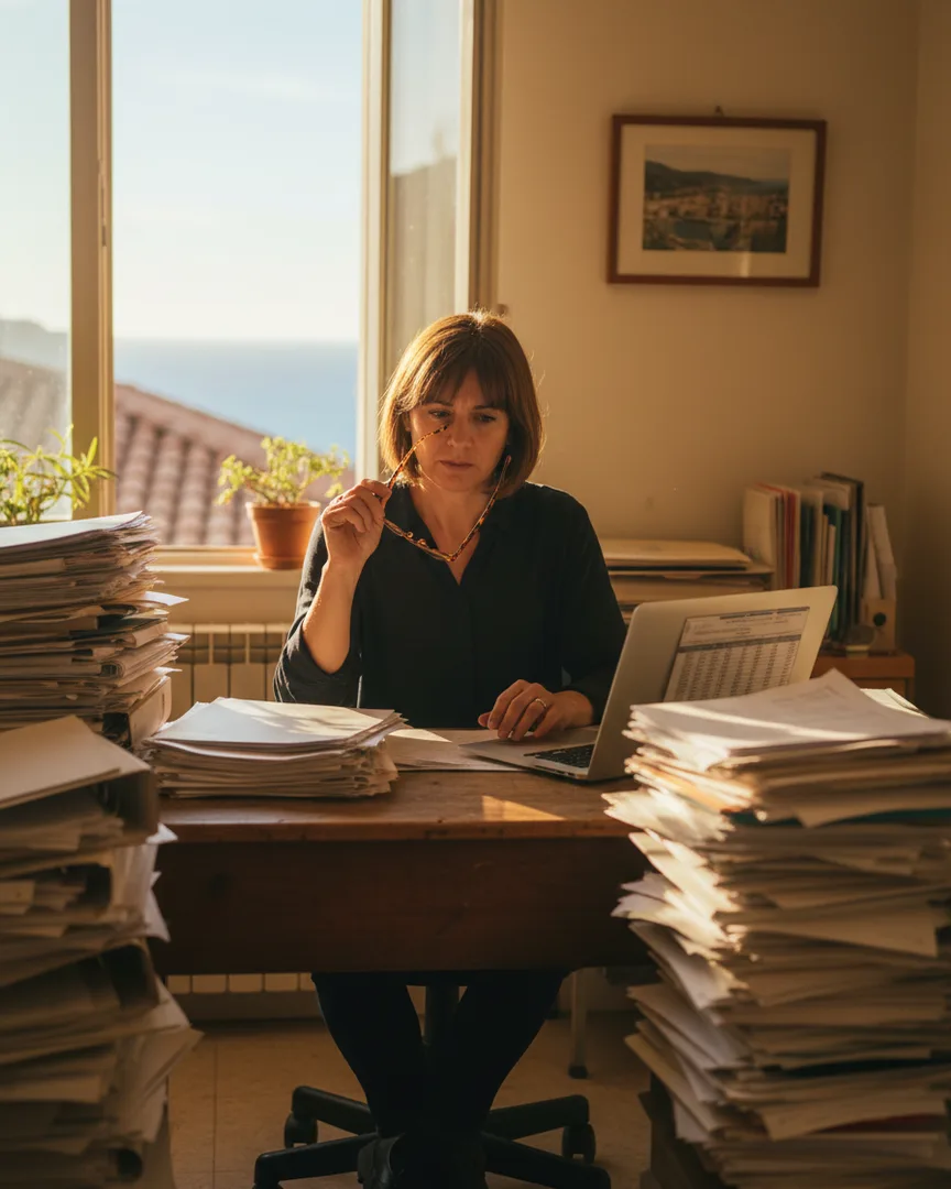 Dirigeante de PME concentrée sur ses chiffres, entourée de piles de dossiers dans son bureau